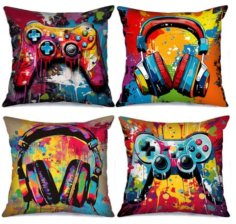 Tucocoo Dekorativer Kissenbezug mit Game-Controller-Motiv, 45 x 45 cm, Graffiti-Kopfhörer, modern, quadratisch, Videospiele, bunt, für Sofa, Auto, Spielzimmer, 4 Stück