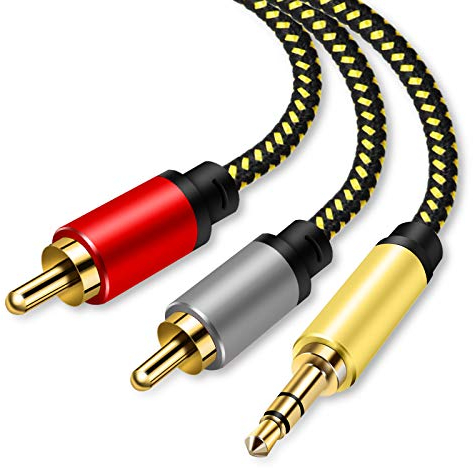 Pkdjfls Chinch auf Klinke 3,5 Cinch Kabel 3.5mm Klinke zu 2 Stereo RCA Stecker HiFi Audio Aux Kabel mit Nylon Mantel, Metall Gerhäuse und 24K vergoldeter Kontakte (1M/3Feet)