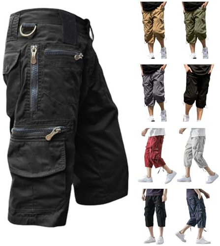 Generisch Camouflage Hose, Herren 3/4 Outdoor Hose Wanderhose Leicht Atmungsaktiv Shorts Sommer Freizeithose Mit Taschen Hosen Für Chino Shorts Cargo Jeans Shorts Kurze Bermuda Casual (M, Black)