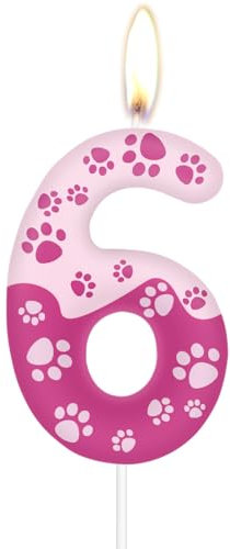 Pink Dog Paw 6 Birthday Candles,Pink Number 6 Candles for Cake,Girls Boys 6th Birthday Decorations,Dog Paw Themed Candle Cake Topper for Birthday Party Supplies