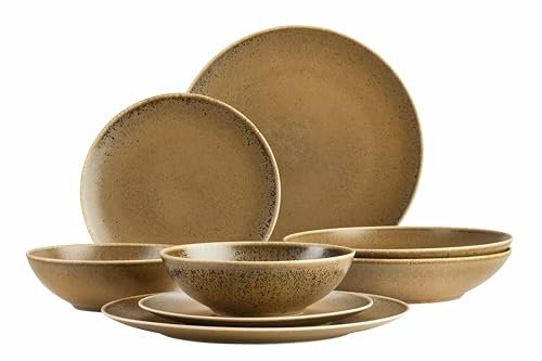 MÄSER 935273 Grumpy Service de table fabriqué au Portugal 8 pièces de qualité supérieure ; assiettes, assiettes gastronomiques et bol avec vernis réactif en marron doré scintillant, porcelaine