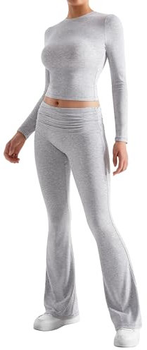 DOULAFASS Lounge Set Damen Langarm Crop Top und Umklappbare Yoga-Schlaghose Zweiteiler Freizeitanzug Fitness Outfit
