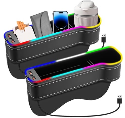 techextra 2 Stück Aufbewahrungsbox für Auto, Auto Organizer Vorne Mittelkonsole, Autositz Gap Organizer, Mittelkonsole Lückenfüller, mit Getränkehalter, 2 USB-Anschluss, 7-Farbigen Licht