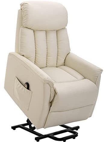 HOMCOM Fauteuil releveur électrique, Fauteuil Relax électrique avec Repose-Pied, Fauteuil Relaxant avec Dossier inclinable, télécommande et Poche latérale Charge 150 kg revêtement synthétique crème
