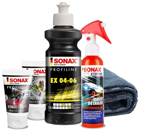 Autopolitur Set | Sonax Profiline EX 04-06 Hochglanzpolitur + PerfectFinish Politur gegen Kratzer + PROFILINE UltimateCut + Quick Detailer + Sonax Lackfinish Tuch
