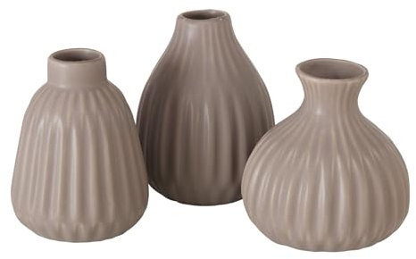 Seaside No.64 - Mini Steingut Blumenvase in Riffeloptik - 3er Set mit unterschiedlichen Formen - Deko im Scandi Style für Gräser und Blümchen - Tischdekoration Hochzeit modern (Taupe)