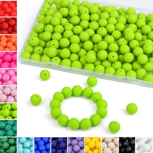 Sahoottie Lot de 70 perles en silicone de 15 mm à enfiler - Vert fluo - Pour bracelets, porte-clés, stylos, bracelets - Kit de fabrication de bijoux - Environ 70 pièces