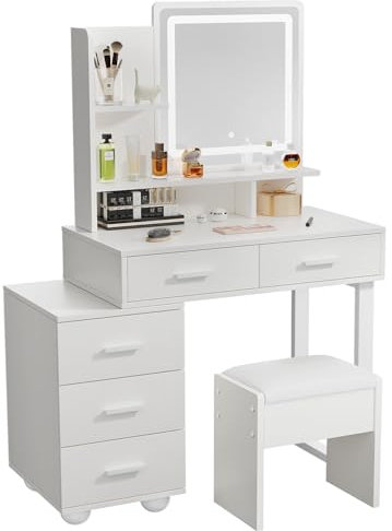 ZenkiHome Dressing Table, White Vanity Desk with Large Mirror and Adjustable Lights, Dressing Table with Stool for Girls and Adults