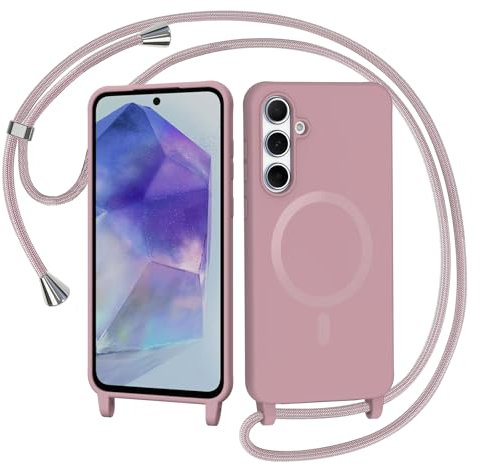 AOMYKE Magnetica Cover per Samsung Galaxy A55 5G con Cordino, Regolabile Custodia con Laccio Collana Tracolla Collo Liquido Silicone Antiurto TPU Antiurto Case - Rosa