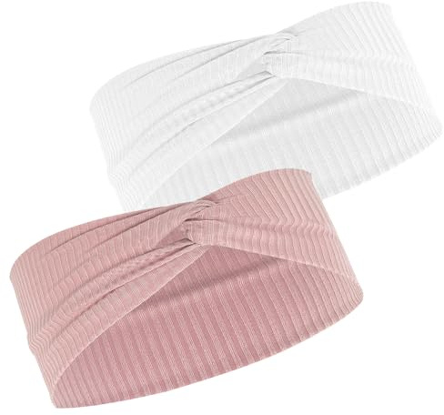 Lot de 2 bandeaux pour enfants, bandeau tricoté doux et confortable, élastique avec nœud, pour filles et garçons (blanc, rose)