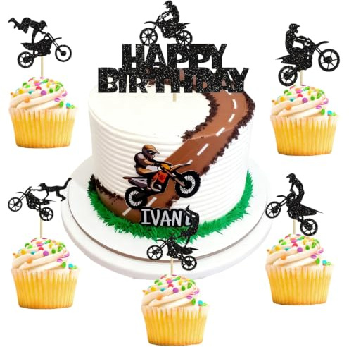 21PCS Motorbike Cake Toppers, Motocross Cupcake Picks, Dirt Bike Party Set | Multicolour cardstock with metallic accents; 21 picks in 6 designs on sticks for cakes, cupcakes and children's birthdays