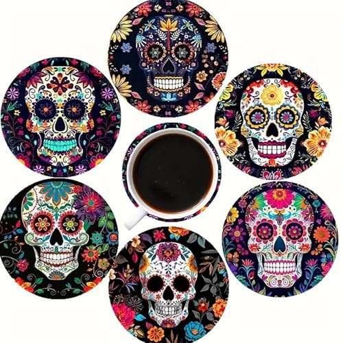 Lot de 6 dessous de verre colorés d'Halloween en forme de tête de mort pour la maison