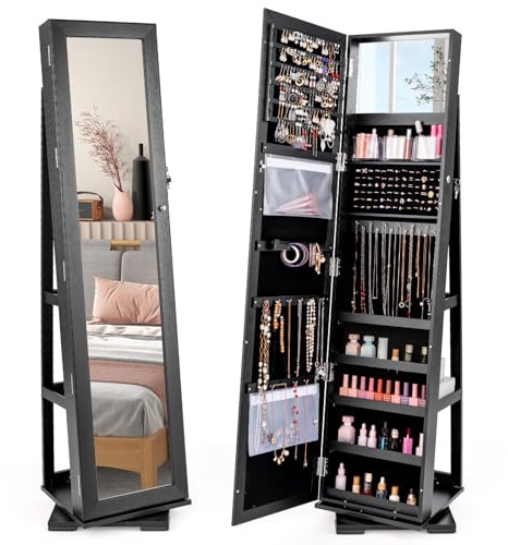 COSTWAY 3-in-1 Jewelry Cabinet, Lockable Jewelry Armoire Storage Unit with Full Length Mirror and Display Shelf, Home Bedroom Dressing Room Cosmetics Jewellery Organiser (360° Swivel Black)