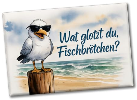 Wat glotzt du, Fischbrötchen? Möwe mit Sonnenbrille Souvenir Souvenir Magnet Lustiger Souvenir Magnet mit Spruch