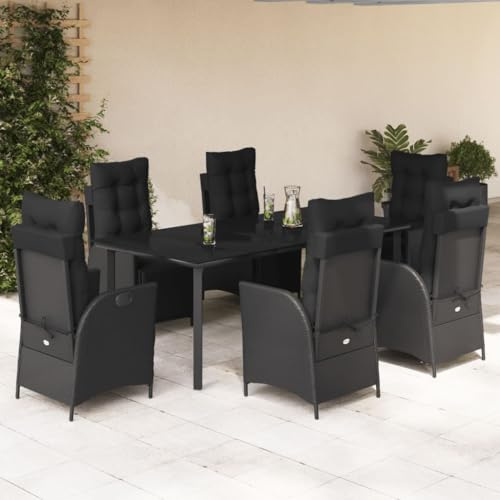 Tonture 7-TLG. Garten-Essgruppe mit Kissen Schwarz Poly Rattan, Verstellbare Relaxsessel, Outdoor Möbel Set für Terrasse, Balkon, Patio