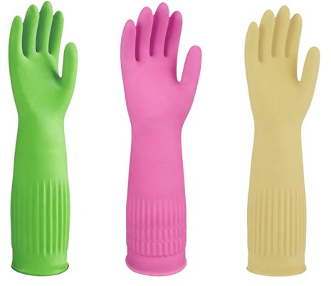 FUSHI&MON Washing Up Gloves, 3 Pack Durable Cleaning extra long Gloves | Reusable Waterproof Rubber Gloves, Non-Slip Dishwashing Gloves for Kitchen, Laundry Gardening(L)