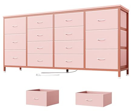 Garvee Vielseitiges 63 Zoll Sideboard mit 14 Schubladen & Steckdosen – Großer TV-Schrank & Garderobenschrank für Schlafzimmer, Wohnzimmer, Flur – Stabile Stoffkommode für 65–75 Zoll Fernseher, ideal