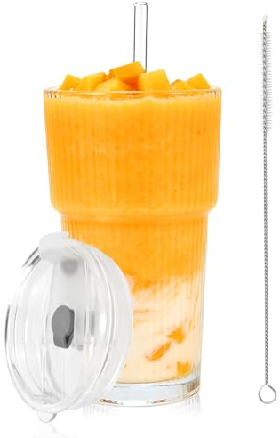 UAYNFY Lot de gobelets de cuisine en verre à motif vertical, 500 ml, avec couvercle et paille, design hermétique et étanche, avec couvercle, idéal pour café, smoothies, cocktails (1 pièce)