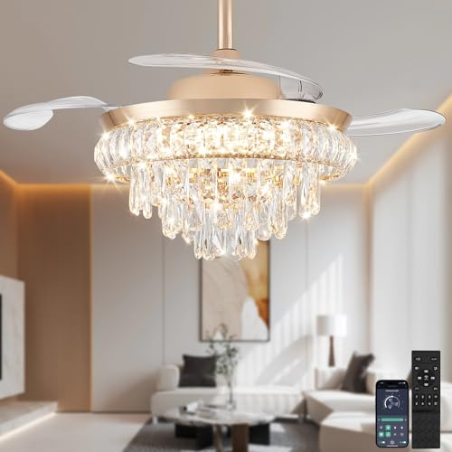 LEONTYNE 36 Inch Retractable Gold Crystal Ceiling Fan with Light, Dimmable LED Fandelier 3000K-6500K, Quiet 6-Speed DC Motor, APP & Remote Control, Luxury Chandelier Fan Light for Bedroom Living Room