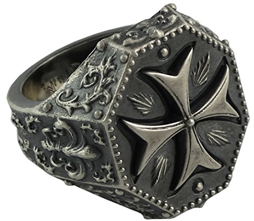Tempelritter Freimaurer Ring Sterling Silber 925 antik finish Malteser Kreuz Fleur de Lis handgefertigt Mittelalter Herren Biker SS002 - Sterling-Silber 925-62 (19.7)
