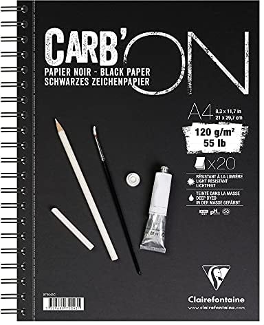 Clairefontaine 975043C Zeichenblock Carb´On (120 g, ideal für Trockentechniken, DIN A4 21 x 29,7 cm, Doppelspiralbindung, 20 Blatt) schwarz