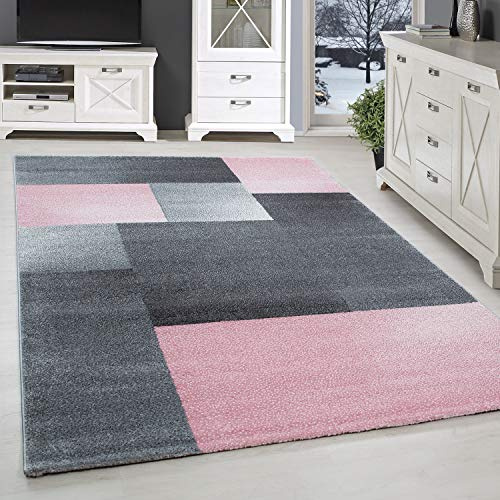 SIMPEX Kurzflor Teppich 160x230 cm Kariert Rosa-Grau, Weiches Dekoelement mit Muster, Pflegeleichte Bodengestaltung für Wohn- oder Essbereich