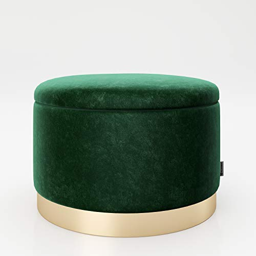 PLAYBOY runder Pouf mit Stauraum aus Samtstoff in Grün und goldenem Metallfuss, gepolsteter Sitzhocker mit Samtbezug, Sitz-und Aufbewahrungsbox aus Samt, Hocker, Retro-Design, Club-Stil