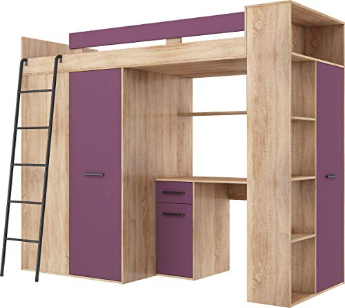 Hochbett mit Schreibtisch, Kleiderschrank und Bücherregal - Loftbett für Kinder - Komplettes Möbelset 236x120x190 cm - 90x200 cm Bettgröße - Linke Leiter - VERANA - (Eiche Sonoma/Violett)