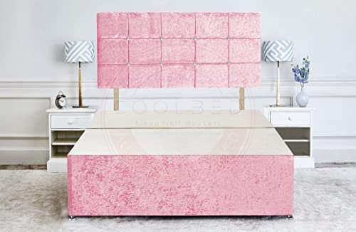 COOL BED Pink Crushed Velvet Divan Bed Base Frame and 20” Cube Headboard for Beds (PINK, 3FT - O DRAWER)