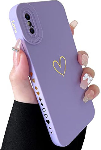 SmoBea Compatible with iPhone XS Max Case, Cute Gold Heart Pattern Phone Case for Women Girls With Side Small Love Pattern Silicone Protective Shockproof Phone Case (purple)