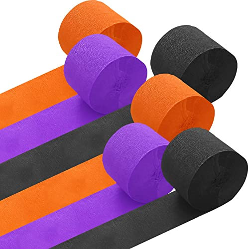Lot de 6 Rouleaux Serpentin en Papier Crépon 3 Couleurs(Noir,Violet,Orange) pour Décoration de Fête(25M x 4.5cm)