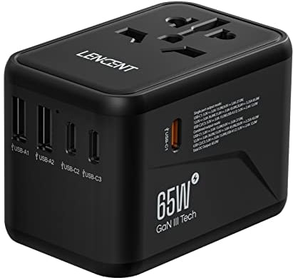 LENCENT Adaptateur de Voyage Prise Universelle Chargeur International GaN III 65W avec 2 USB & 3 USB-C PD Adaptateur International France vers USA Canada UK AUS Chine Prise Monde Type A C G I Noir