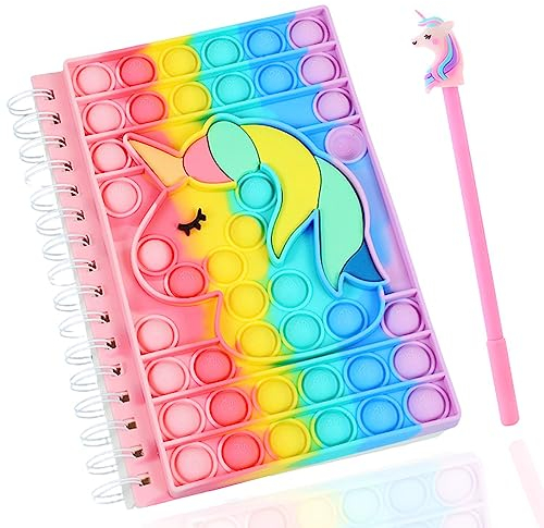 Yeefunjoy Pop It Notebook A5, Einhorn Silikon Push Bubbles Notebook Sensory Squeeze Mit Kugelschreiber, Portable Spirale Notizblock,Pop Fidget Spielzeug It Notizheft Angst Relief für Kinder Erwachsene