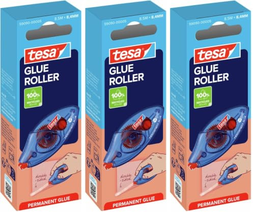 tesa Roller Permanent Gluing ecoLogo - Environmentally Friendly Adhesive Roller with Tear-Resistant PET Tape - 8,5 m x 8,4 mm (Pack of 3)