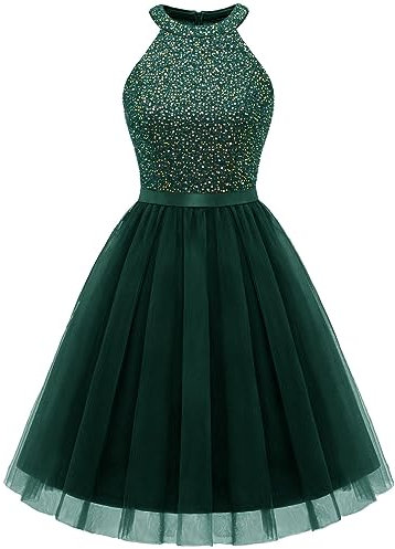 Dressystar Damen Neckholder Kleid Pailletten Ballkleid Festlich Party Cocktailkleid Kurz Dunkelgrün M