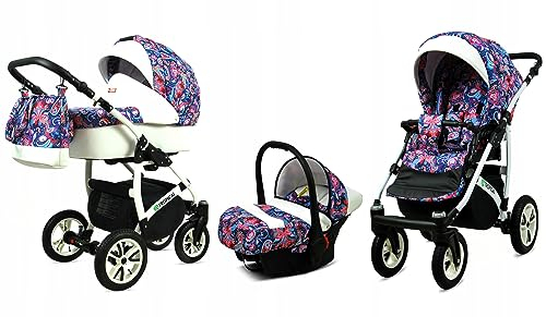 BabyLux® Kinderwagen Set 3 in 1 - Tropical - incl. Babywanne, Buggy Sportsitz, Auto-Babyschale - Autositz - Kinderwagenset - Kombikinderwagen mit Wickeltasche, Regenschutz usw.