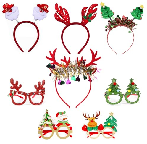 Gxlaihly 8 Stück Weihnachten Brillen und Weihnachten Haarreif,Weihnachten Stirnbänder Weihnachten Brille,Haarschmuck für Weihnachtsfeiern Cosplay,Rentier Haarbänder Weihnachten Geschenk Party Supplies