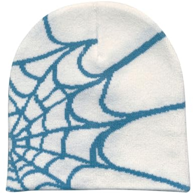 RYMAUP® Spider Web Beanie, Slouch Leichte Jersey, Y2k Baggy Slouchy Cap, Herbst Frühling, Weiß + Hellblau
