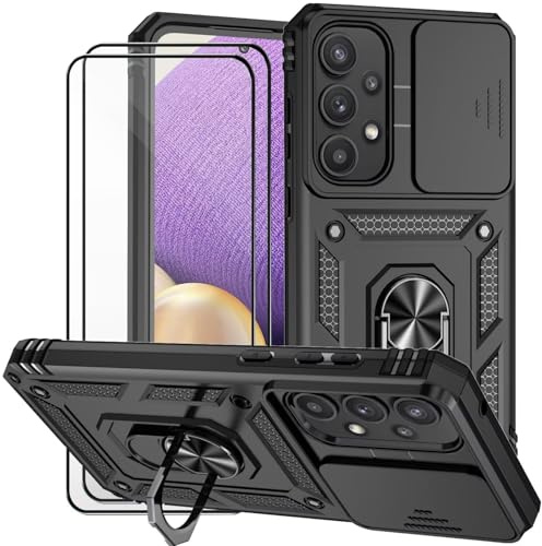 Dechyi Coque pour Samsung Galaxy A35 5G avec Verre TrempéLentille Coulissante Couverture Support d’Anneau Rotatif Armor Silicone Étui Antichoc Housse Bumper-Noir