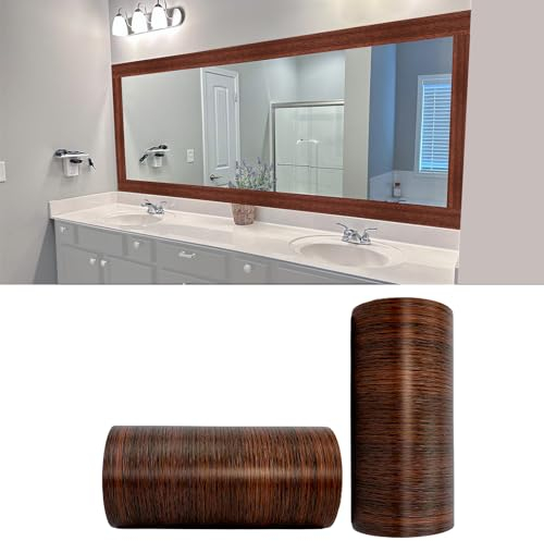 YESUKD 10M Brown Walnut Wood Grain Wallpaper Border Removable PVC Waterproof Peel and Stick Wallpaper,Bathroom Mirror Frame Border Sticker Wall Decor 3.93in by 393in