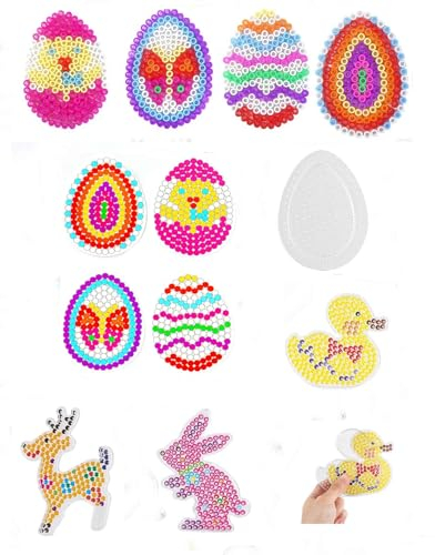 Happy Price Toys Midi 5mm Bügelperlen Stiftplatten Set Ostern, 4 Transparent Stiftplatten mit 7 Vorlagen, Ente, Hase, Ei, Reh