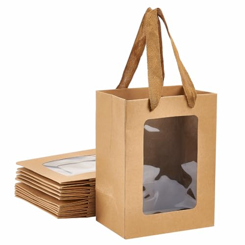 NBEADS 12 Pz Sacchetti Regalo In Carta Kraft con Finestra Trasparente, Borse di Carta Regalo Da 20x15x10.3 cm con Manici Borse di Carta per La Festa di Compleanno di Addio Al Nubilato, Marrone