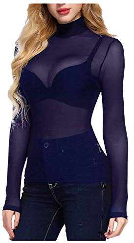 VDDTAGAM Crop Top Long Sleeve Top Sheer Sleeve Tops for Women Sexy Long Sleeve Tops for Woman Black Mesh Top Women Sexy Long Sleeve Tops for Woman Mesh Tops Lace Layering Top Long Slee (Navy,L)