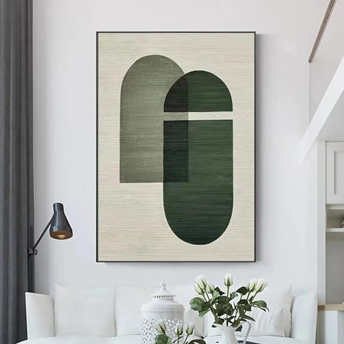 Grüne Wabi-Sabi-Wandkunst, minimalistisches Gemälde, grüne und beige Leinwandkunst, große neutrale Wanddekoration, abstrakte geometrische Kunst, 80 x 120 cm (31 x 47 Zoll) mit schwarzem Rahmen
