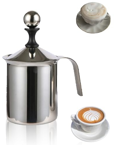 Stainless Steel Manual Milk Foamer, 400ml Handheld Coffee Milk Frothing Pitchers, Hand Pump Frother Cappuccino Latte Coffee Foam Pitcher with Handle, Double Layer Filter Screen