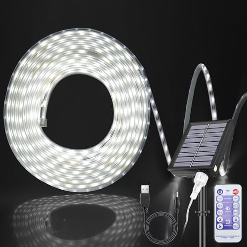 5M Led Strip Lights 300 LEDs Cold White, Solar Flexible LED Strip Light Solar Powered Rope Lights with Remote & 8 Modes Waterproof for Garden Party Gazebo Bedroom, Kitchen, Indoor, Outdoor Decor