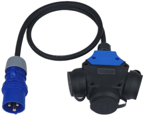 RoadEu – CEE Adapter 16A 3-polig auf 3X Schuko Steckdose – IP44 Verteilerdose mit 10m Kabel 3x2,5mm² – Camping & Baustellen Stromverteiler – Starkstrom Adapter für Wohnmobil & Outdoor