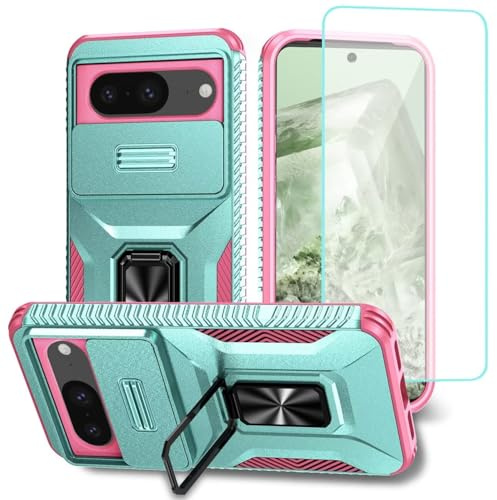 Wanyuexes Case for Pixel 8 Case, Google 8 GKWS6 G9BQD Case with Tempered Glass Screen Protector and Slide Camera Cover, Rotated Ring Car Mount Holder Shockproof Cover for Google Pixel 8 PC Green
