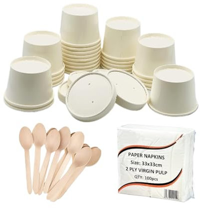 HOT BARGAINS Disposable Soup Cups with Lids, Wooden Spoons and Paper Napkins, Food-Grade Kraft Paper Construction, White, 8oz/227ml (100 Sets)