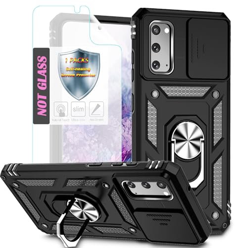 YmhxcY Handyhülle Für Samsung Galaxy S20 Hülle,[mit 1 Stück Schutzfolie],360°Drehen Metallständer，Stoßfester Schutz Hartschale，Schiebende Kameraabdeckung，Samsung Galaxy S20 case-Schwarz
